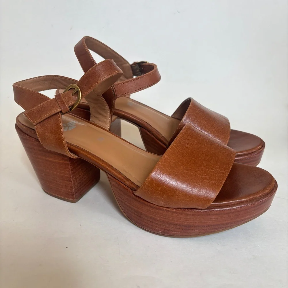 Fortress of Inca Hannah Sandals Tan Brown Block Heels Ankle Strap Leather 39 8.5
